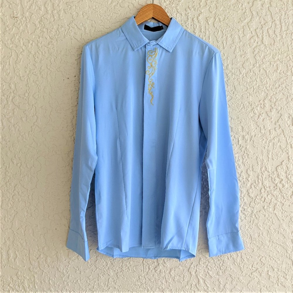 Men's Fitted Button Up Dress Shirt With Gold Embroidery Detail (NWT)